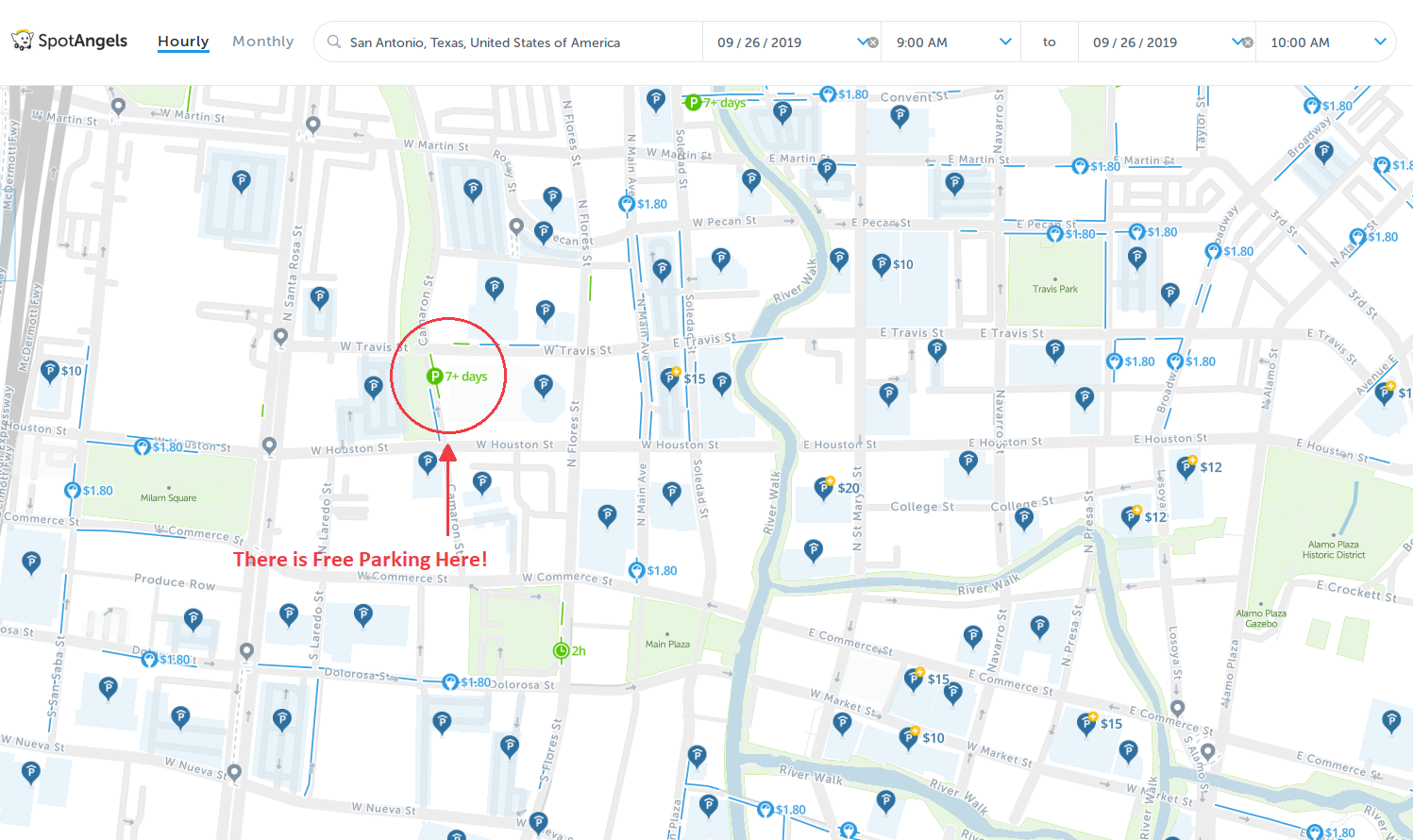map of free parking in San Antonio - SpotAngels